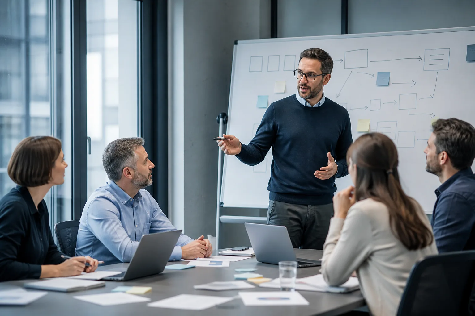 Berater moderiert einen Workshop zu KI-Einsatzbereichen im Mittelstand.