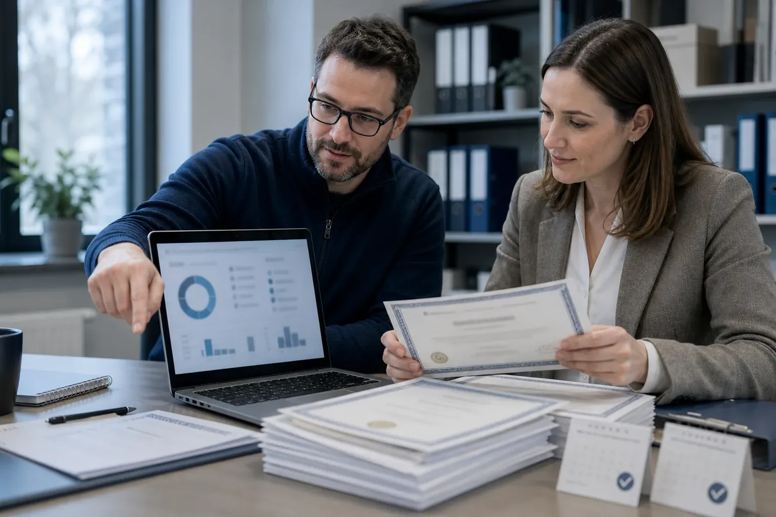 Verantwortliche ordnen Nachweise und Zertifikate aus einem Cyber-Awareness-Portal.