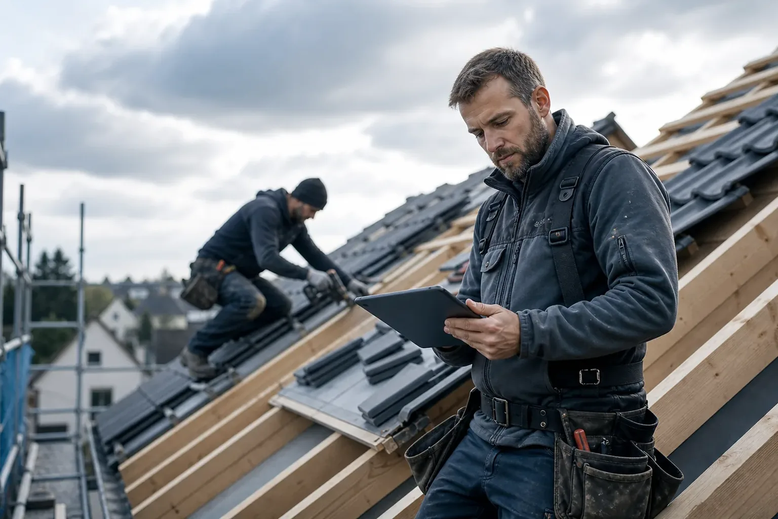 Handwerker prüft einen digitalen Einsatzplan auf einem Tablet direkt auf einer Baustelle am Dach.
