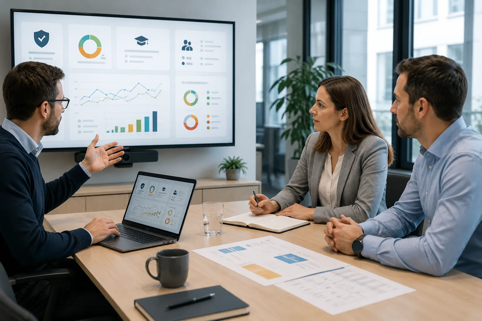 IT-Berater bespricht mit zwei Kunden messbare Awareness-Ergebnisse und Sicherheitskennzahlen an einem grossen Dashboard.