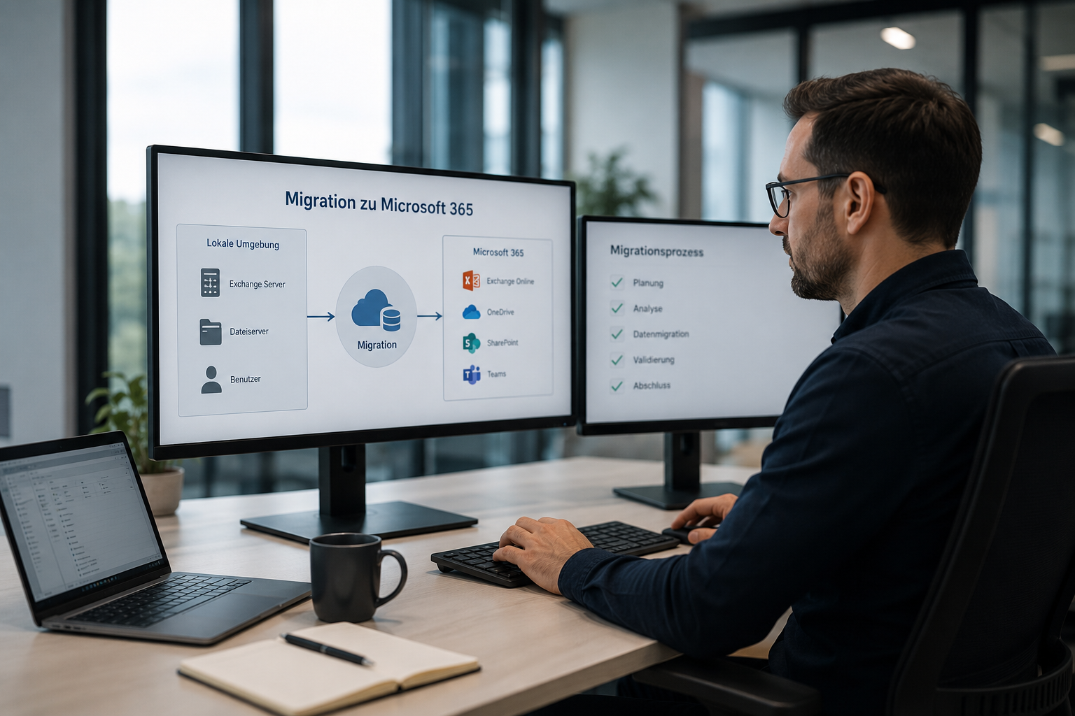 IT-Berater verfolgt eine Microsoft-365-Migration mit Exchange-, Tenant- und Prozessschritten an zwei Monitoren.