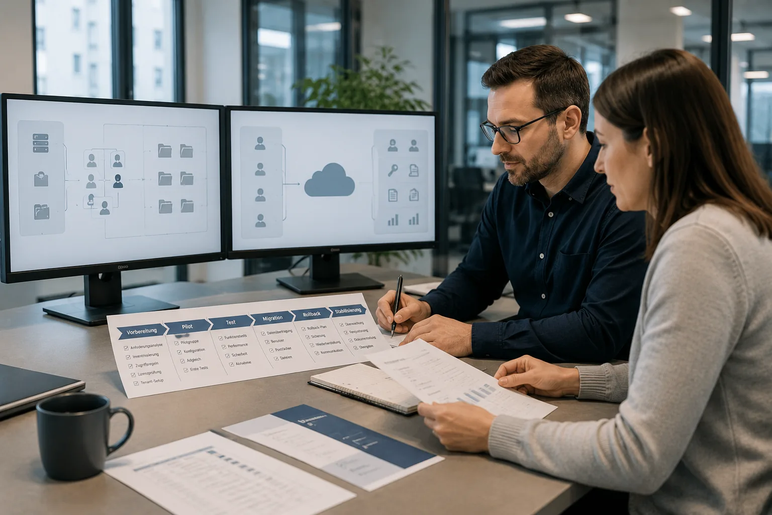 IT-Berater und Kundin prüfen einen Microsoft-365-Migrationsplan mit Pilot-, Test-, Rollback- und Stabilisierungsphasen an zwei Bildschirmen.