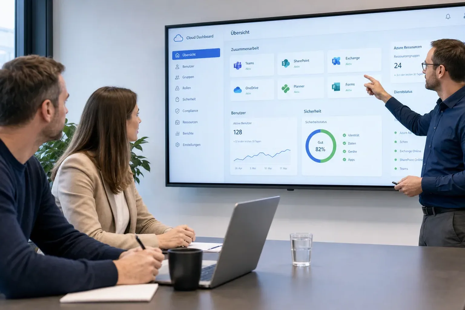 IT-Berater erklärt Microsoft-365- und Azure-Dienste an einem großen Dashboard.
