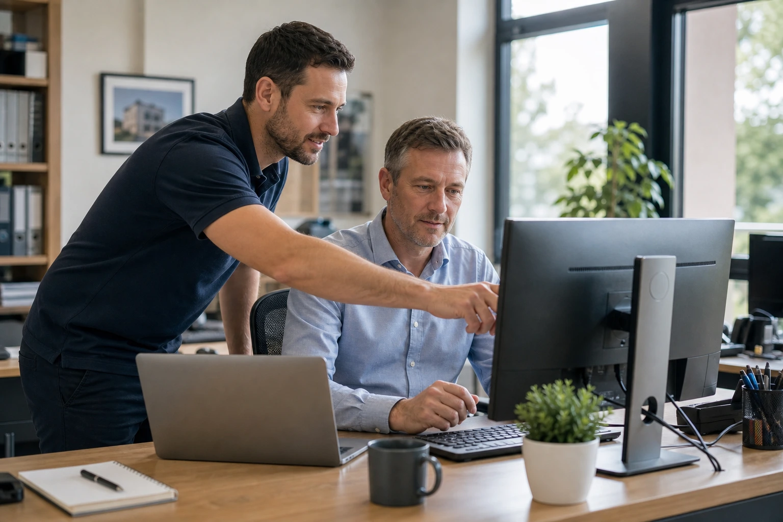 IT-Techniker unterstützt einen regionalen Kunden direkt am Arbeitsplatz.