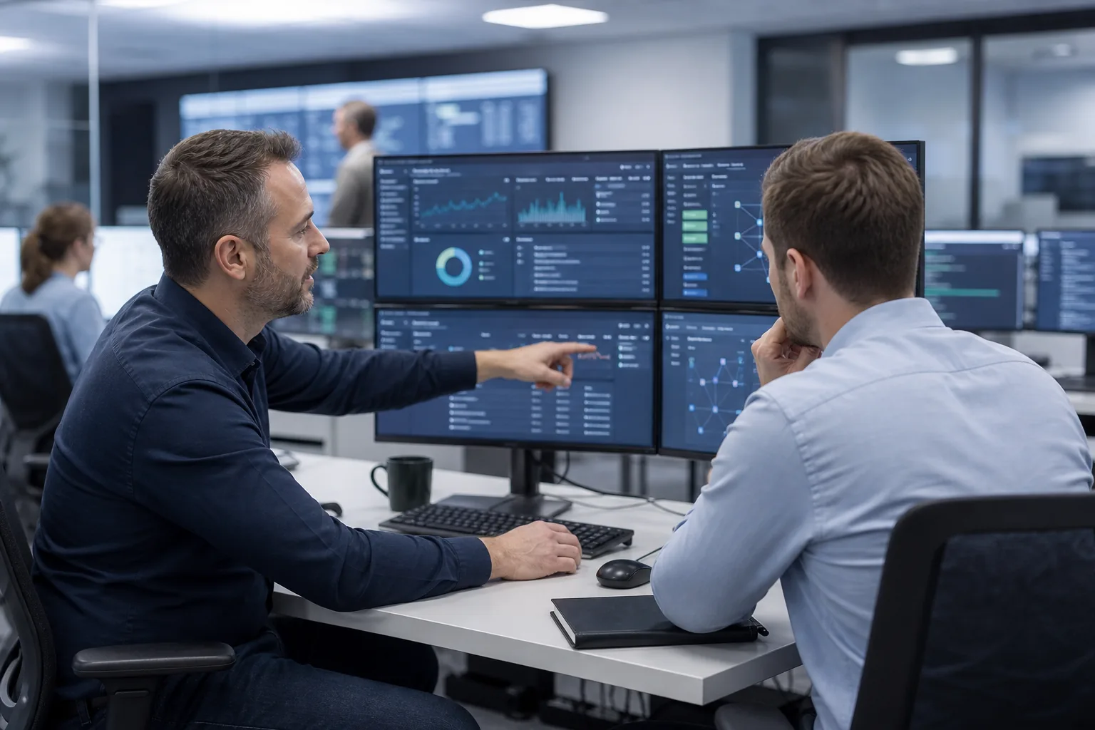 IT-Spezialisten prüfen Monitoring-Daten für einen stabilen IT-Betrieb.