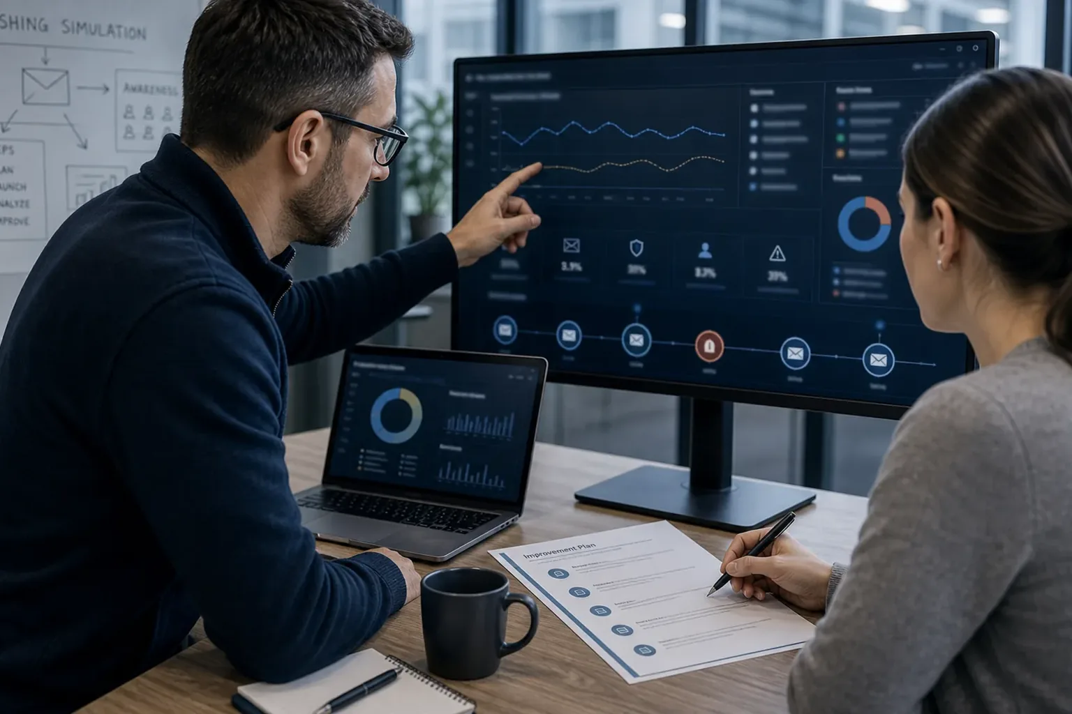 Security-Analyst und Teamlead werten Ergebnisse einer Phishing-Simulation an Monitoren aus.