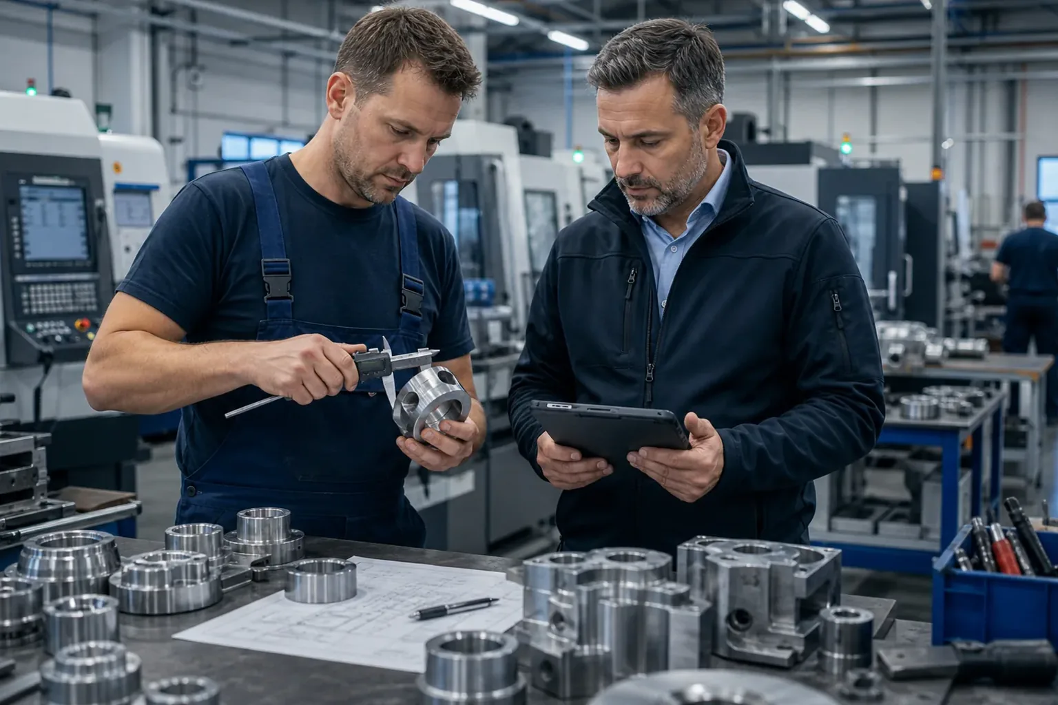 Mitarbeiter prüfen gefertigte Metallteile und Qualitätsdaten in einer Produktionshalle.