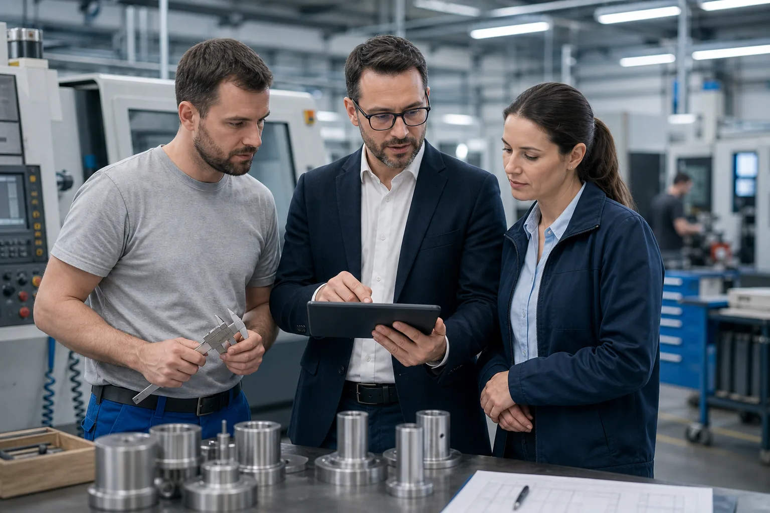 Produktionsteam prüft Qualitätsdaten auf einem Tablet neben Metallbauteilen.