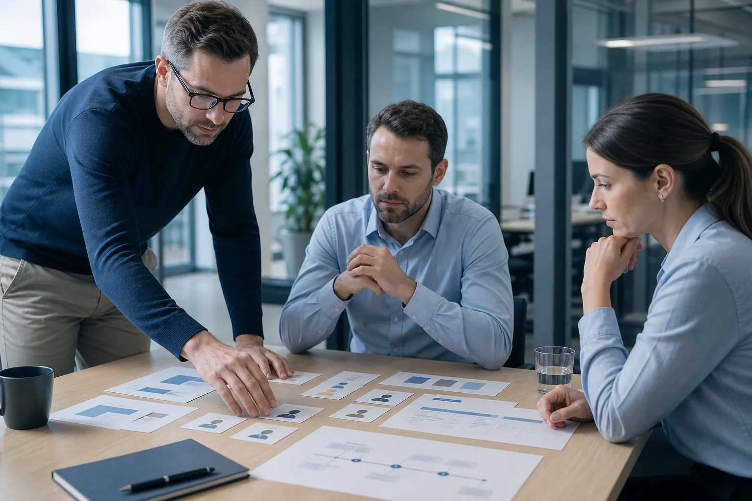 Projektteam klärt Einsatzgebiete und Verantwortlichkeiten an einem Arbeitstisch.