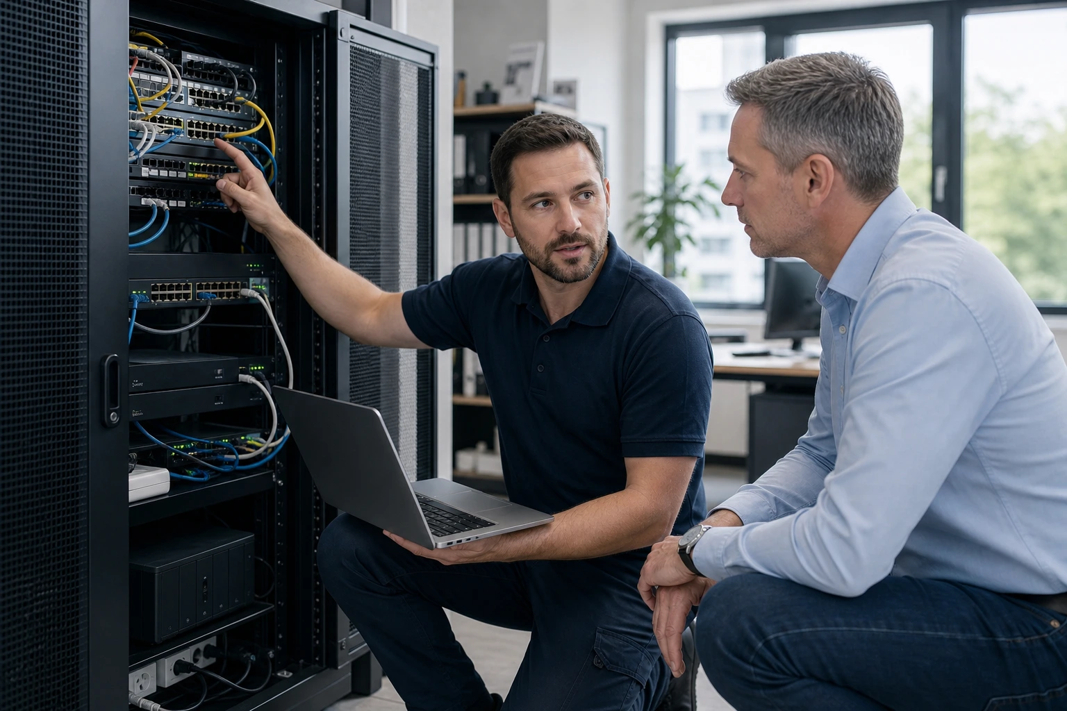 IT-Techniker prüft Netzwerktechnik bei einem regionalen Kunden vor Ort.