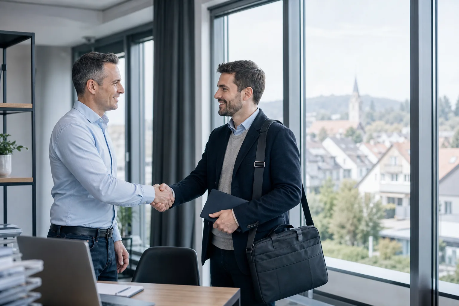 IT-Berater trifft einen regionalen Kunden in einem Unternehmensbüro.