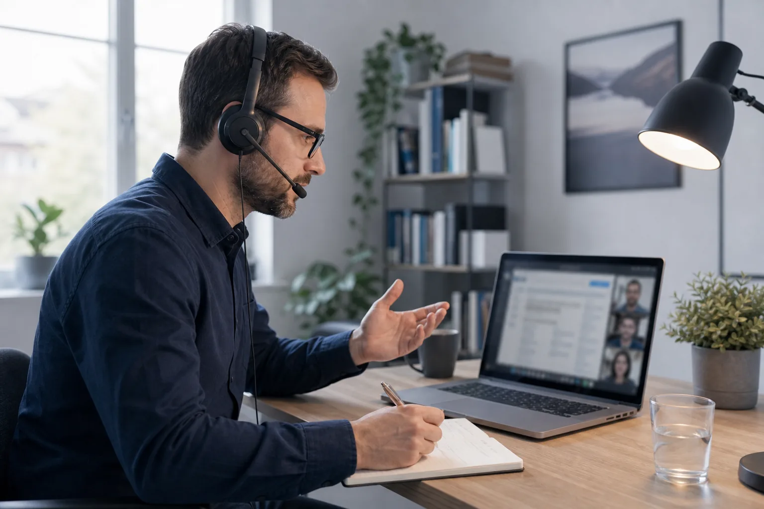 IT-Berater leistet Remote-Support aus einem ruhigen Homeoffice.
