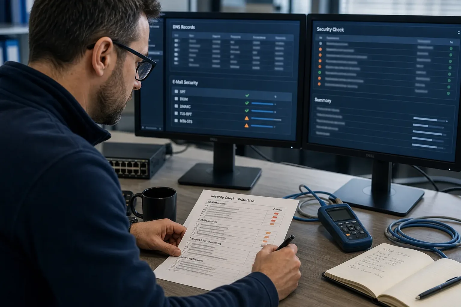 IT-Spezialist prüft E-Mail- und DNS-Sicherheitskonfigurationen an einem technischen Arbeitsplatz.