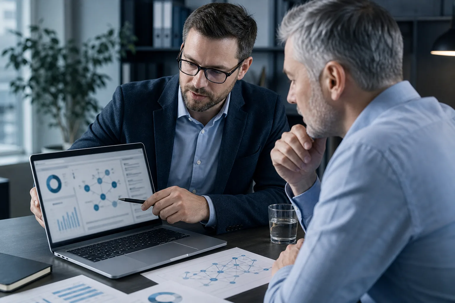 IT-Berater prüft einen Sicherheitsbericht mit priorisierten Befunden.