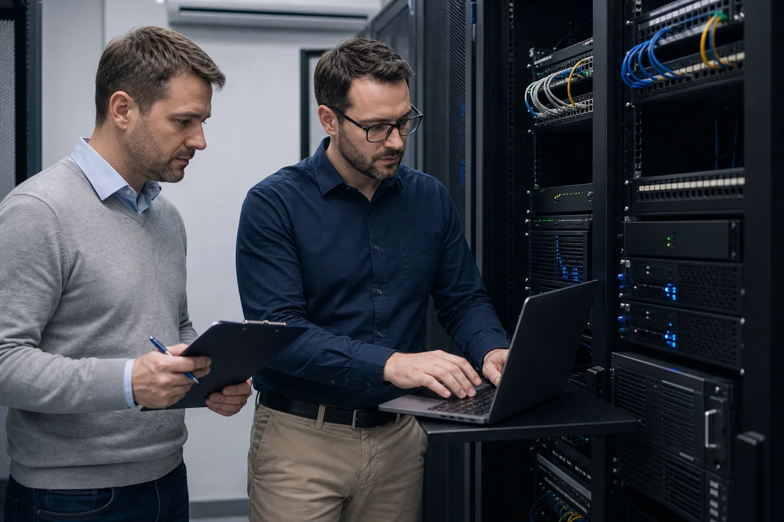 IT-Spezialist kontrolliert Systeme in einem Serverraum mit einer Kundin.