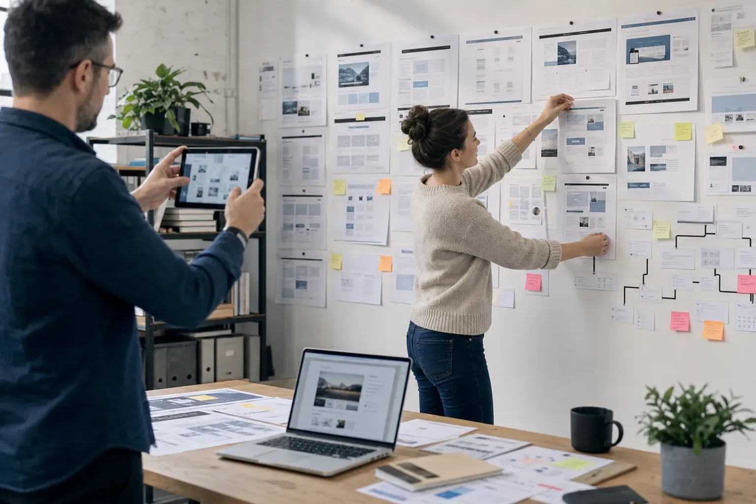 Unternehmerin und Berater strukturieren Webseiteninhalte mit Wireframes und Sitemap-Karten an einer Wand.